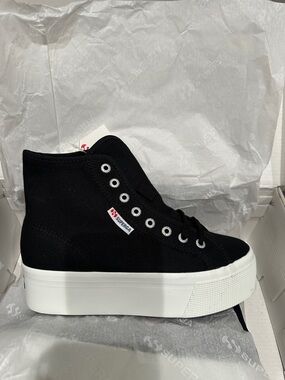 New Superga Black High-Top Platform Canvas Sneaker with White Sole